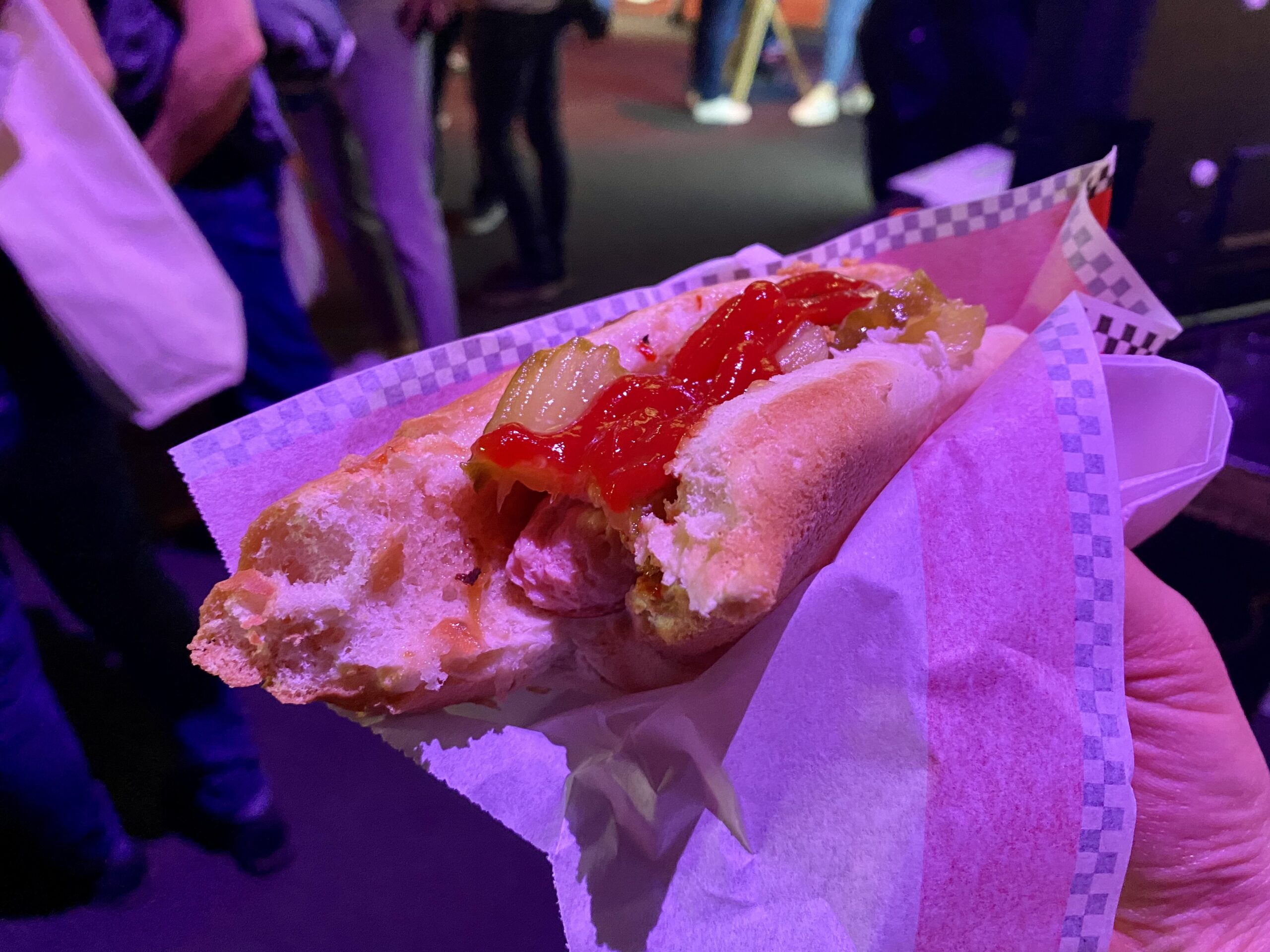 A hot dog with ketchup, roasted garlic and picles