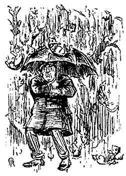 A black and white gravure. Man with an umbrella.